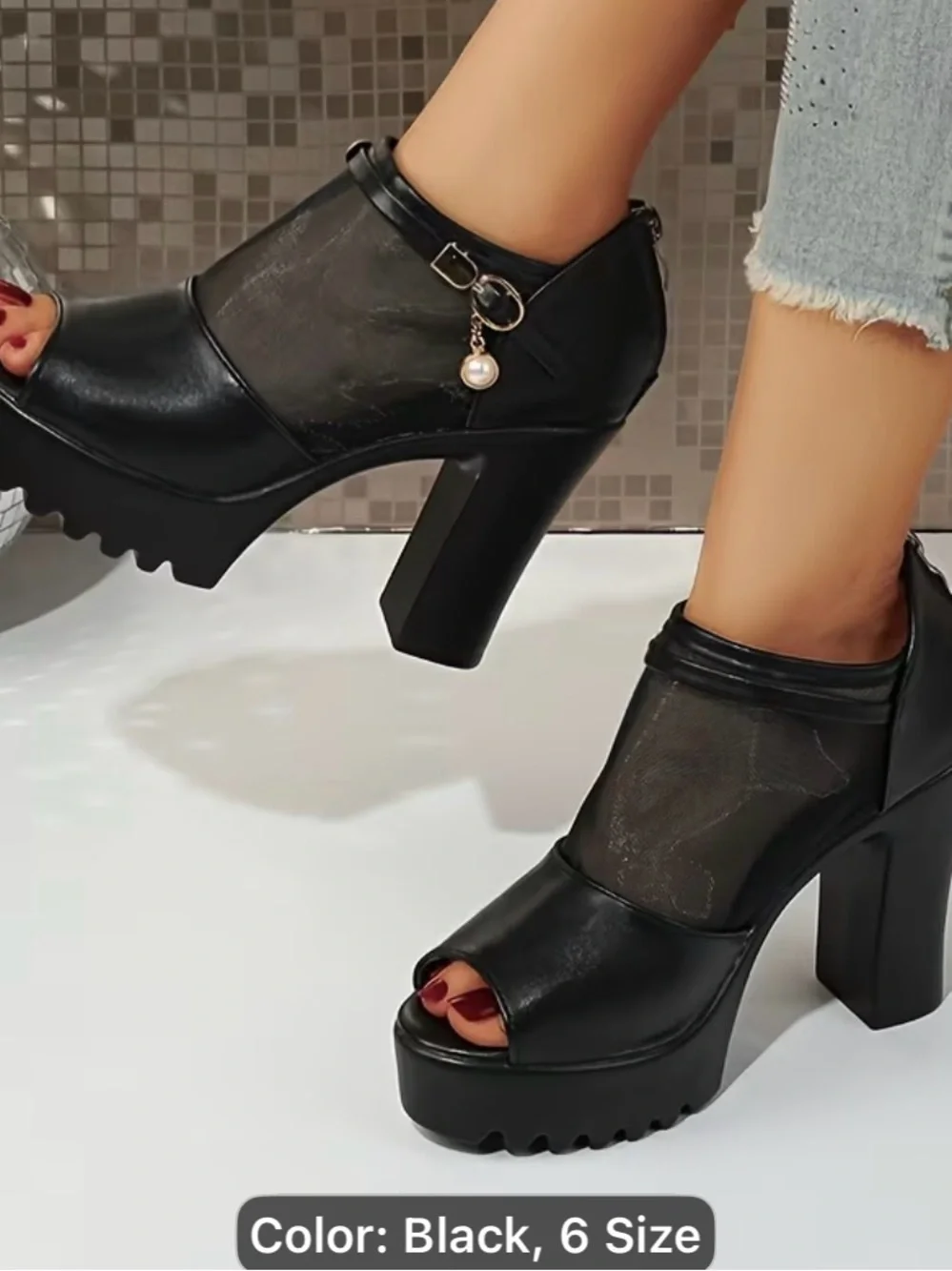 Women’s Black Peep-Toe Platform Heels with Mesh Inset